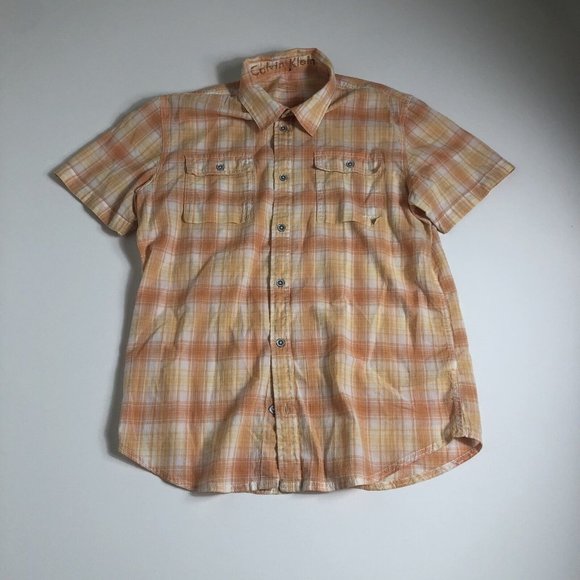 Calvin Klein Mens Medium Orange‎ Plaid Button Down Short Sleeve Shirt Cotton I44 - Picture 1 of 5
